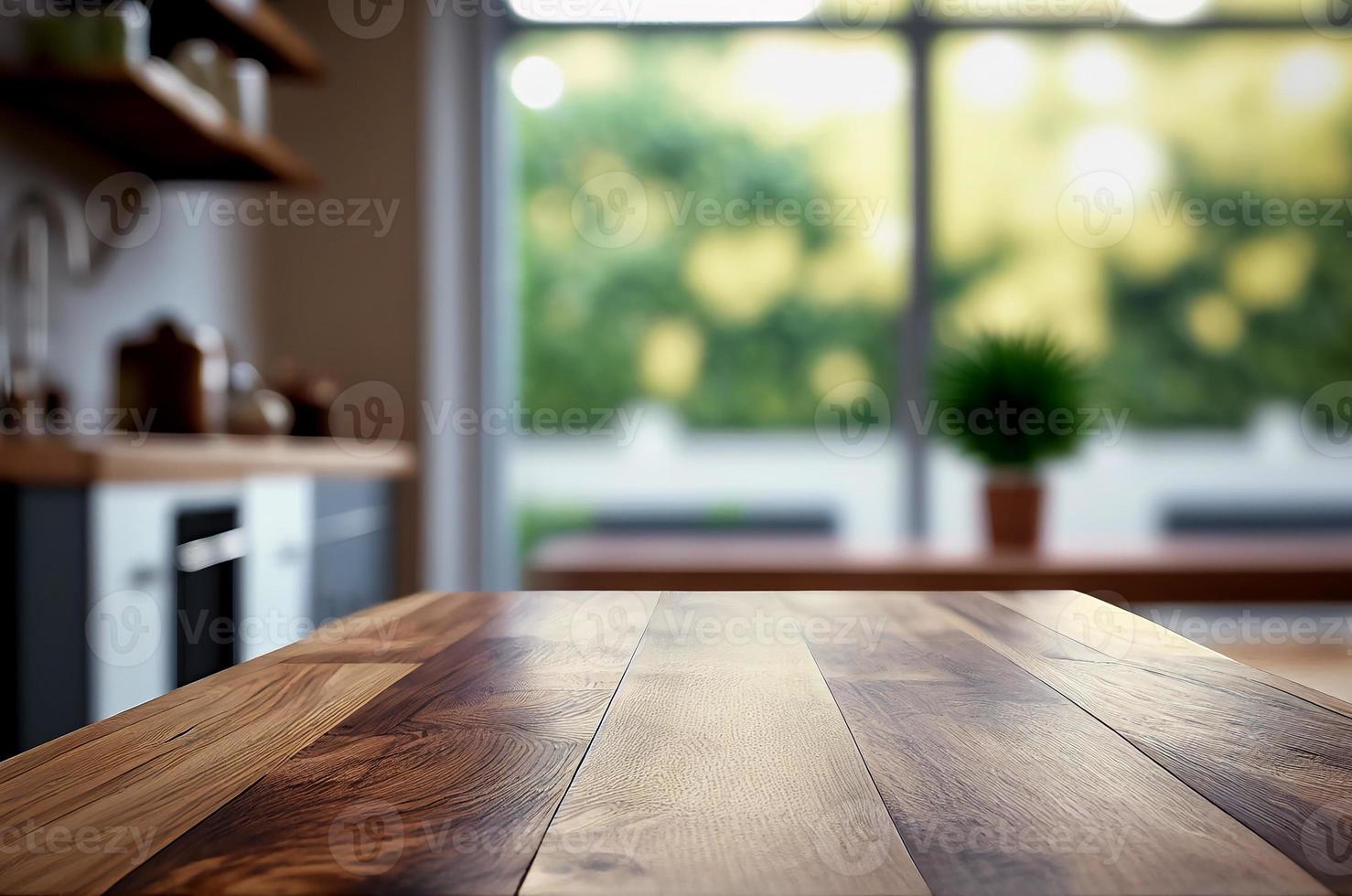 mesa de escritorio de madera vacía abstracta con espacio para copiar sobre el interior de la cocina moderna y el fondo borroso de la ventana, pantalla para el montaje del producto foto