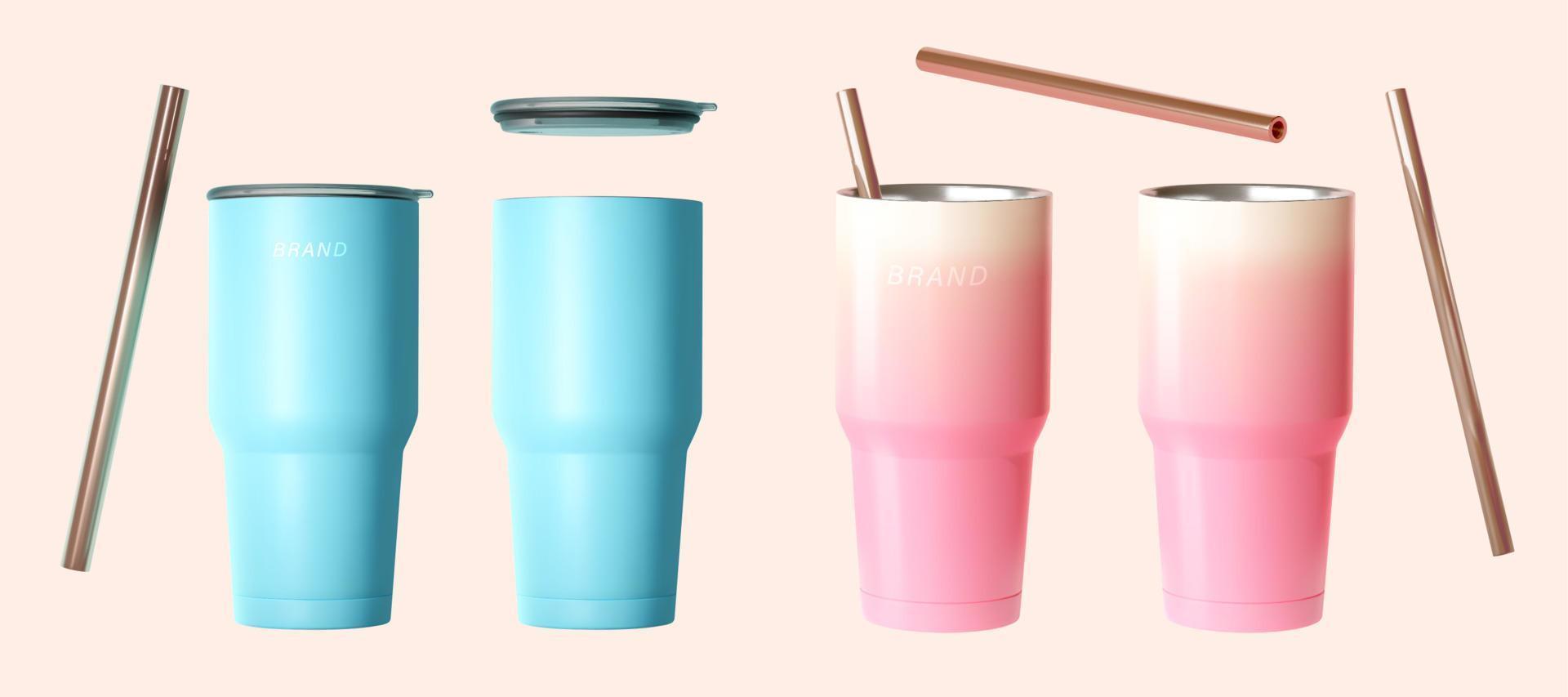 Maquetas de botellas de vaso de representación 3d en colores azul y rosa con tapas y pajitas de acero inoxidable vector