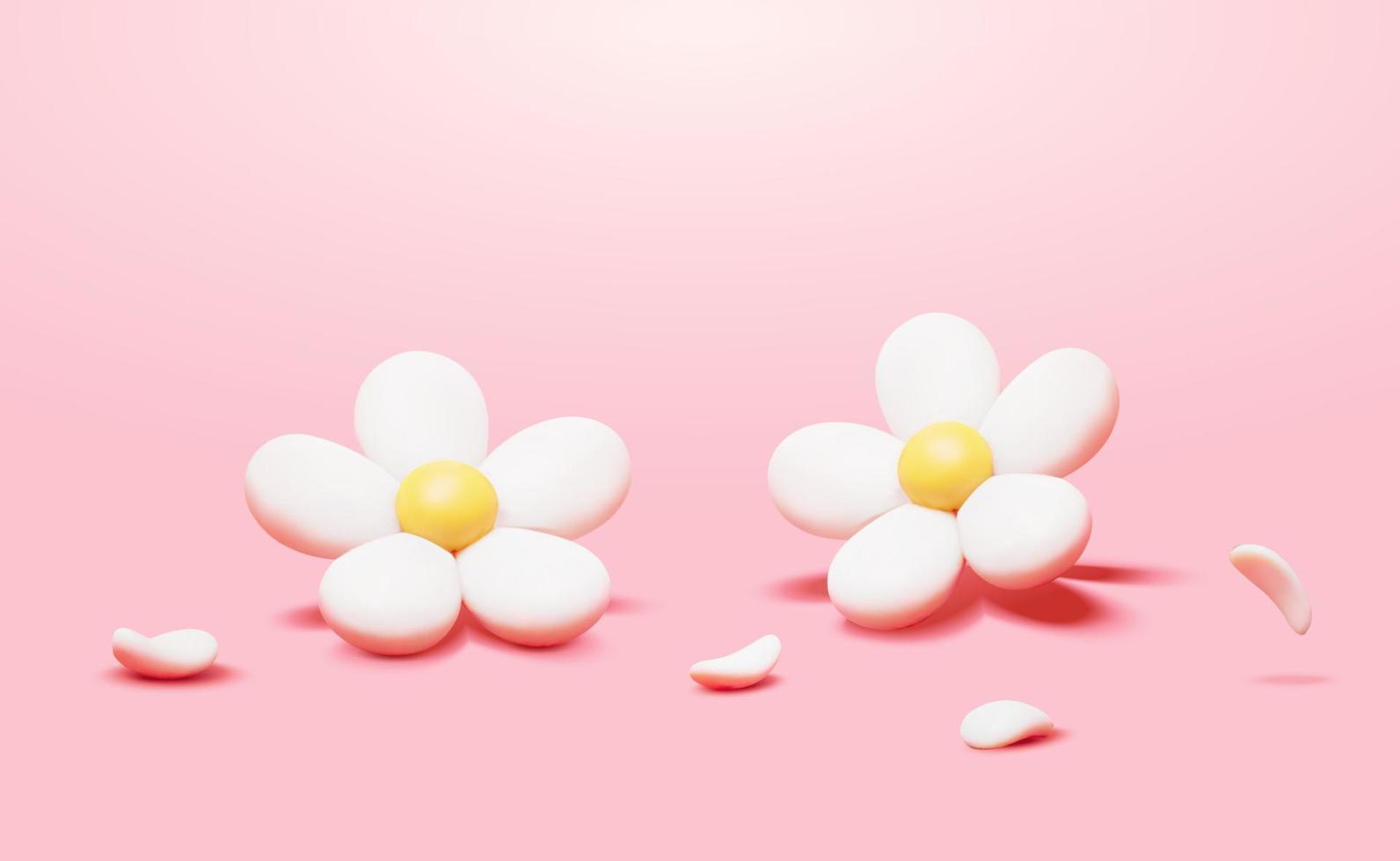 3D Daisy flowers with their fallen petals isolated on pink background vector