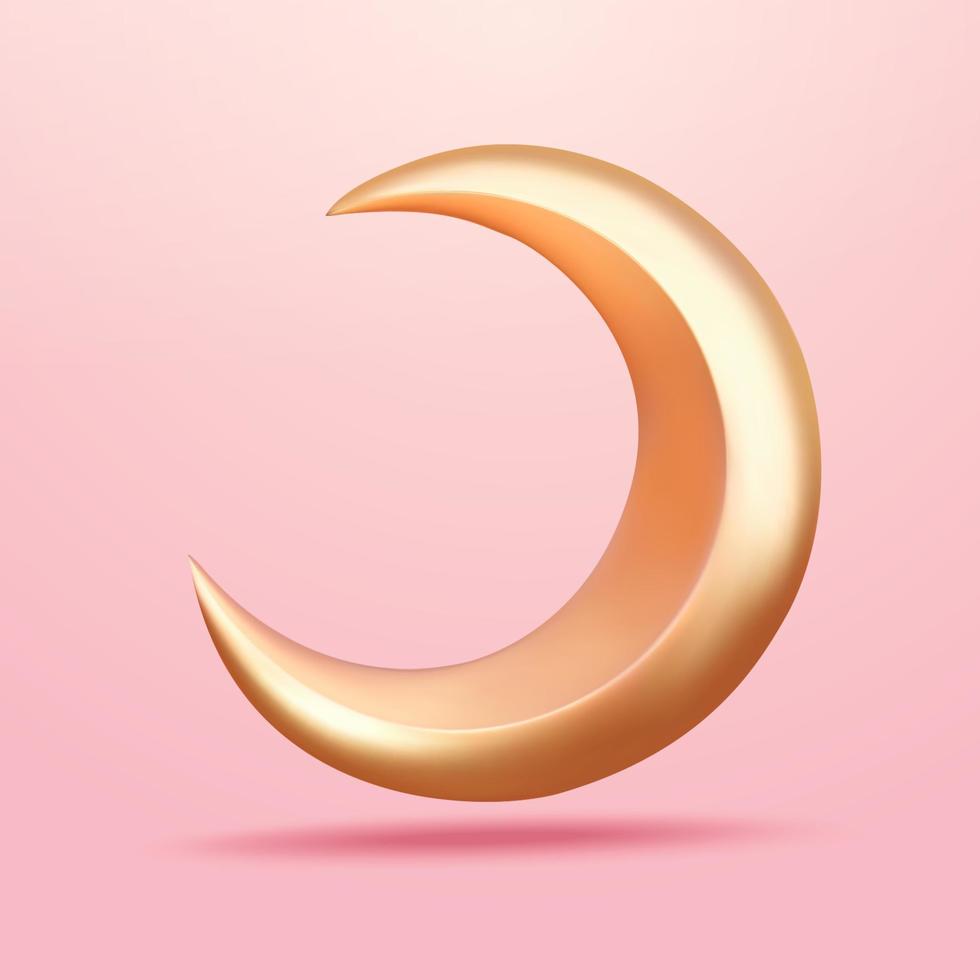 Ilustración 3d de una luna creciente dorada aislada sobre fondo rosa. elemento adecuado para la decoración religiosa y mágica del islam vector