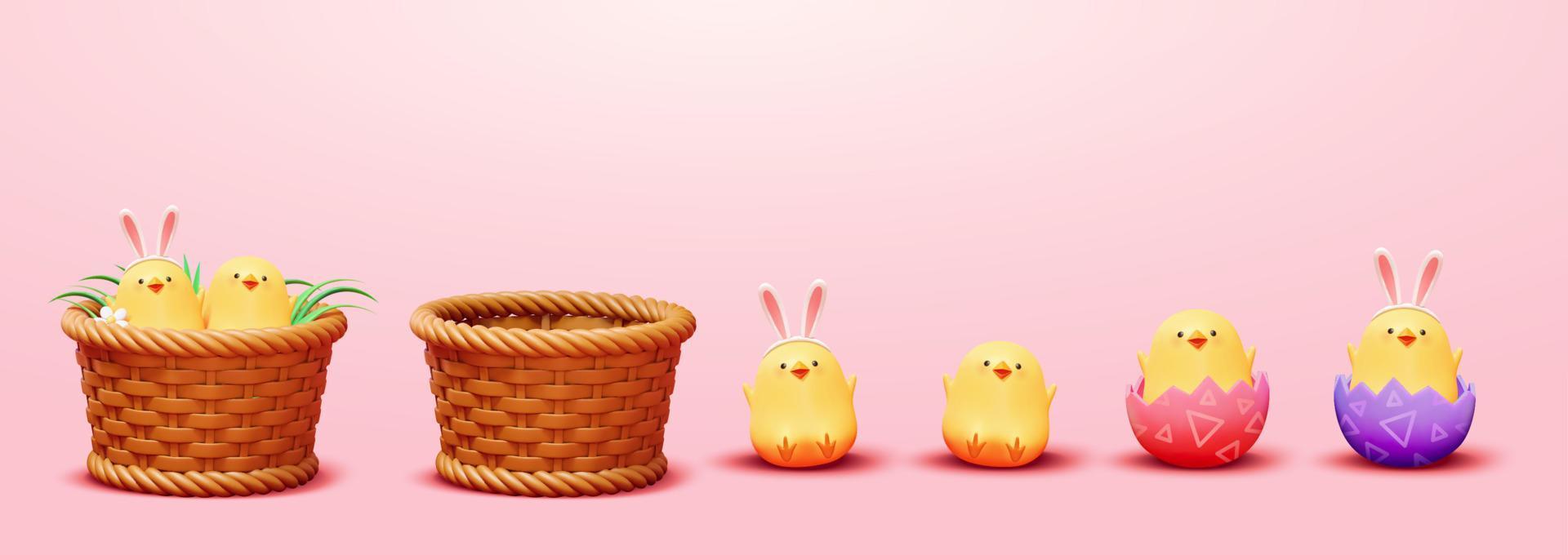 Set of 3D Easter chicks isolated on pink background. Some are in cracked eggs, some are in wicker basket vector