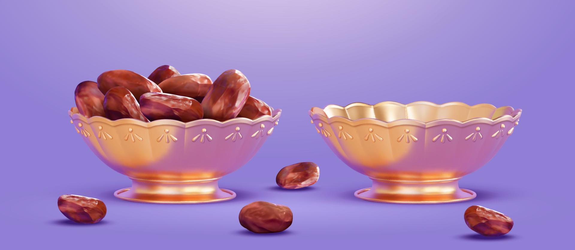 3D dried dates in metallic arabesque bowl isolated on purple background vector