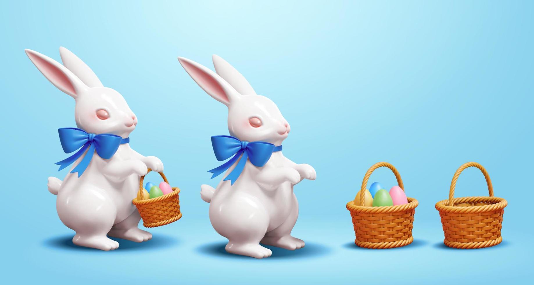 conjunto de elementos de conejito de pascua. Ilustración 3d de conejos blancos de Pascua de cerámica de pie y sosteniendo cestas de mimbre aisladas sobre fondo azul vector