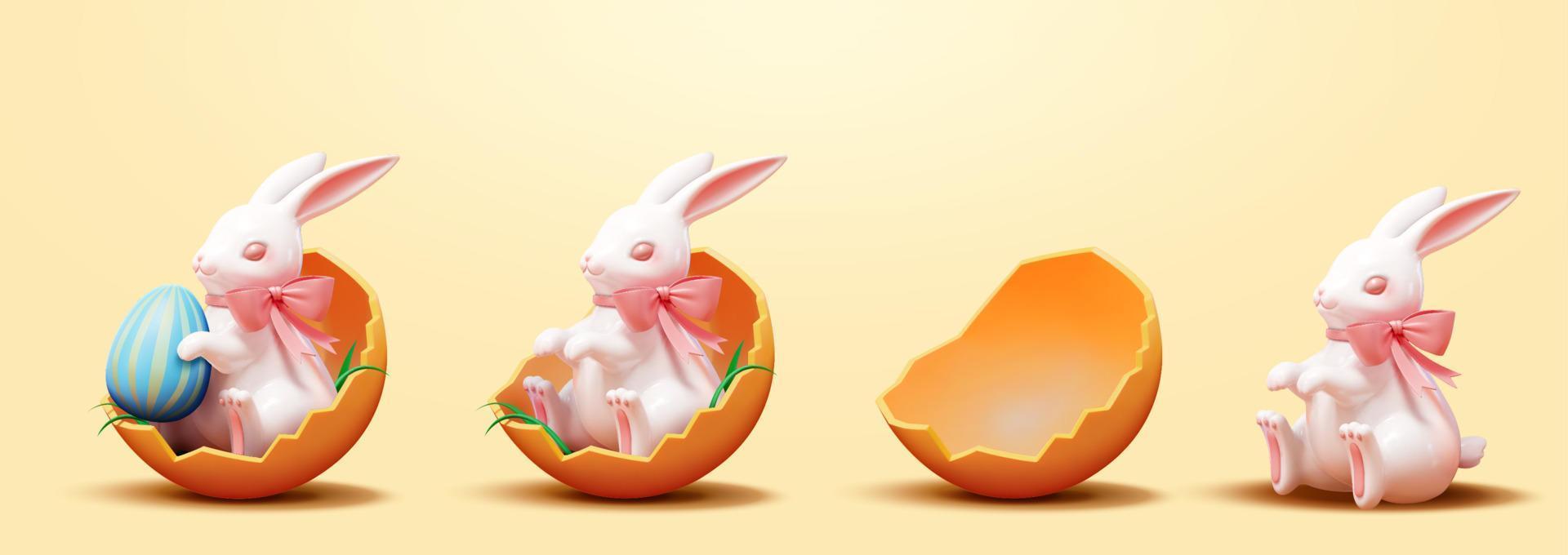 conjunto de conejitos de chocolate blanco 3d sentados en cáscaras de huevo rotas aisladas en fondo amarillo vector