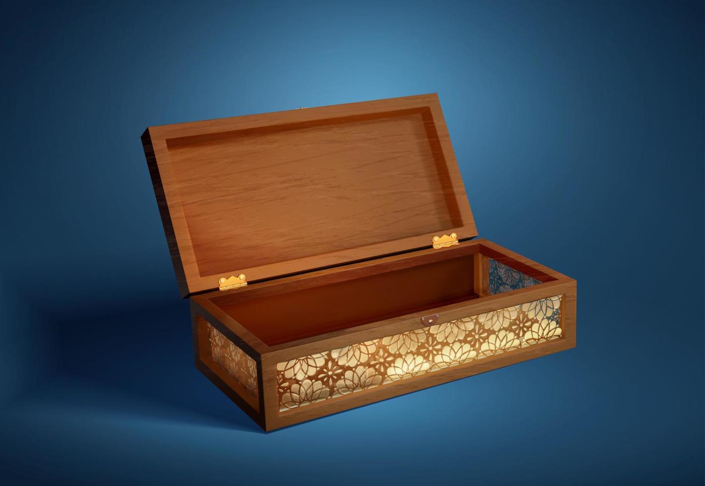 Wooden Quran box made of timber and glass with its lid opened in 3d illustration isolated blue background. A case in Islam culture for Holy book storage vector