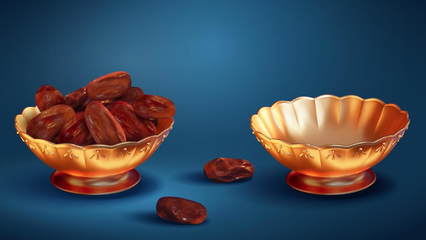 Dried dates in metallic arabesque bowl in 3d illustration isolated on blue background. Sacred staple usually served at Iftar table vector