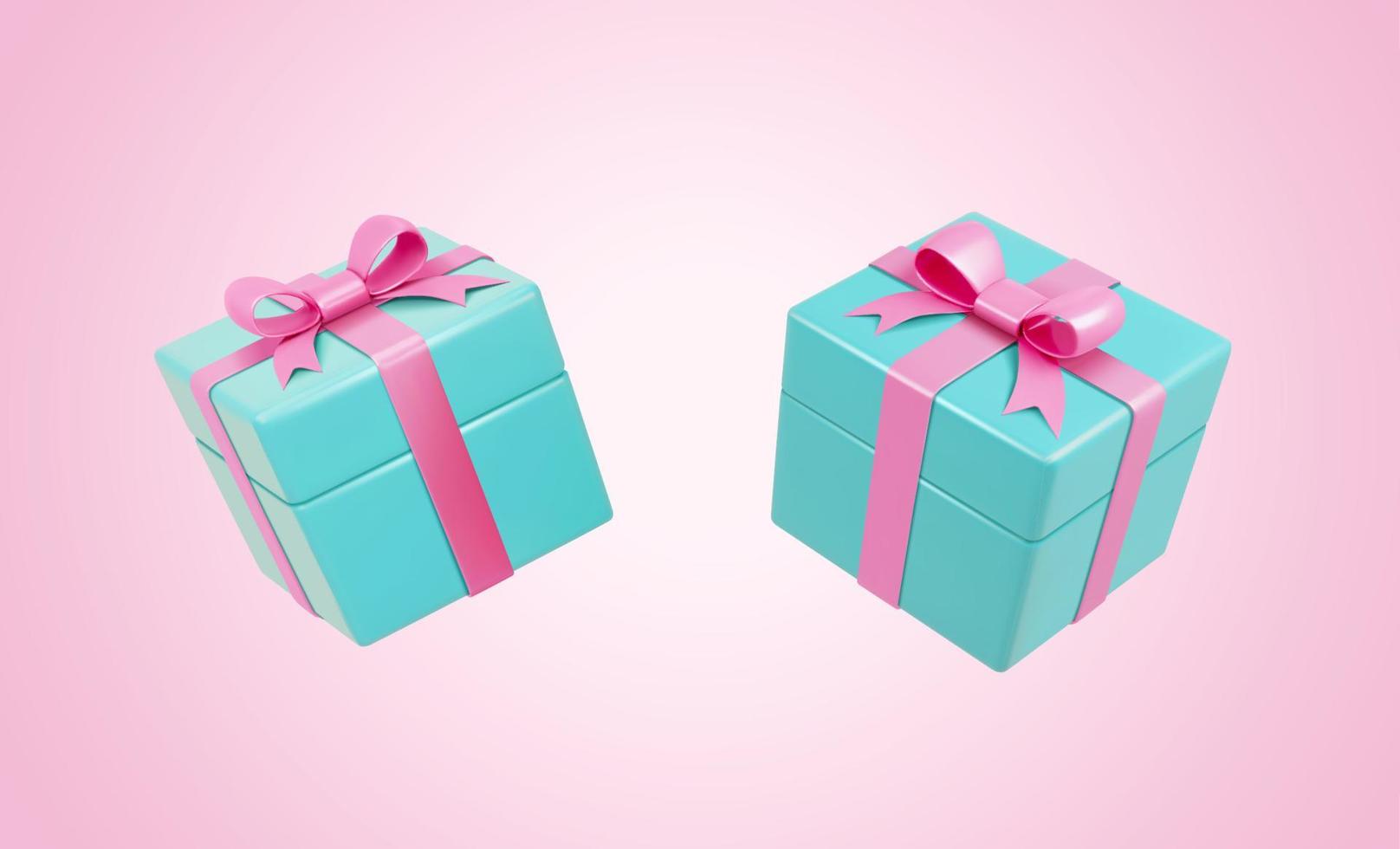 Cajas de regalo verde azulado 3d con cintas rosas. ilustración de dos regalos turquesa envueltos con cintas rosas atadas a las tapas vector