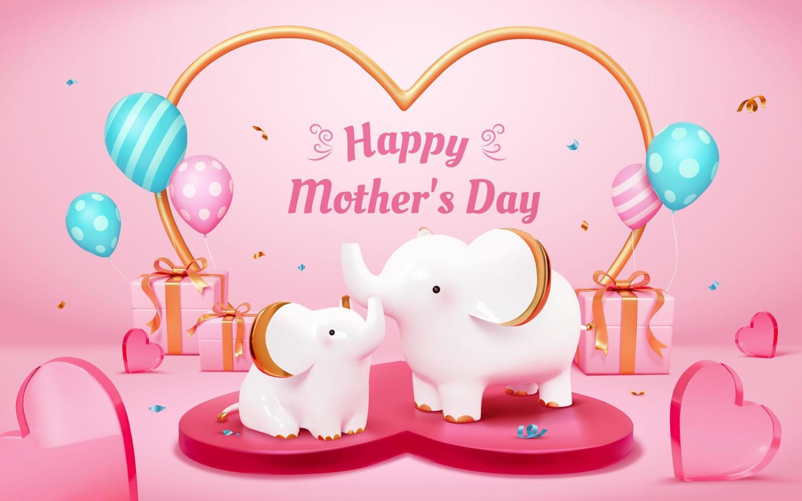 Pink Mother's Day card with mammals. 3D Illustration of elephant figurines standing on heart shaped podium with decorations, balloons, and gift boxes on pink background vector