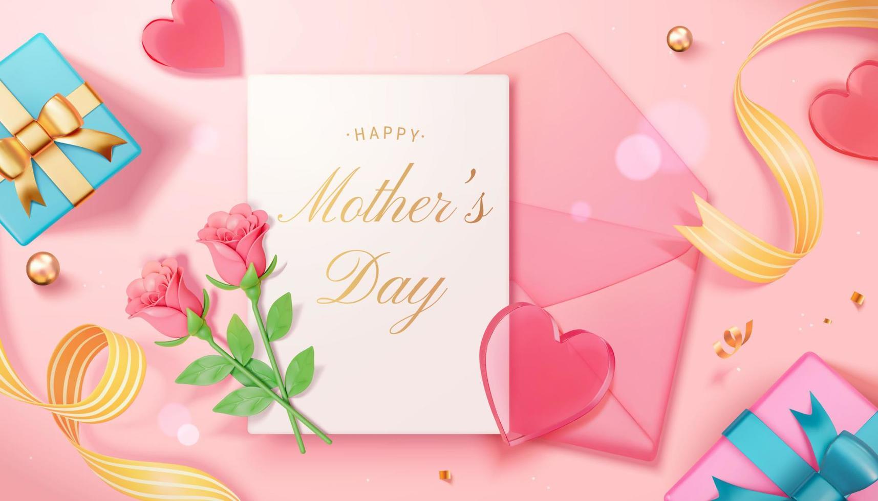 3D Illustration of an envelope with a letter, two roses stems, and two gift boxes in flat lay decorated with some red hearts. Template suitable for Mother's Day, Women's Day, and wedding invitation vector