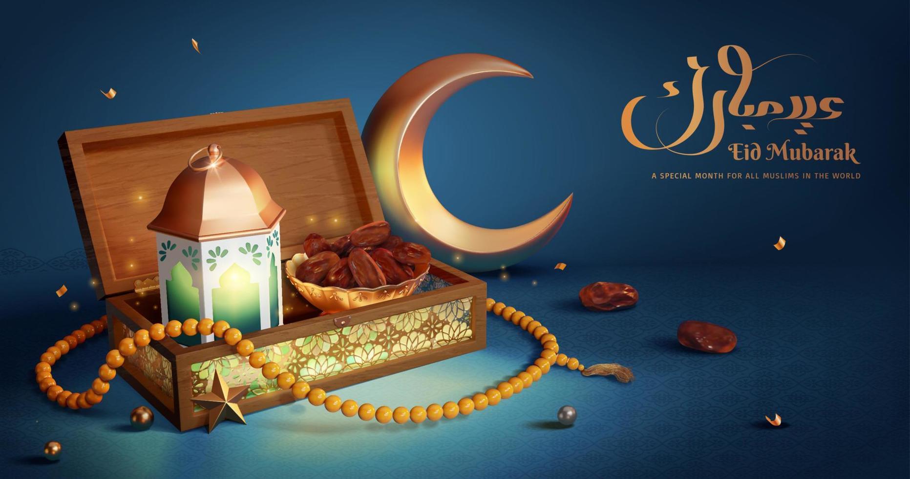 Dark blue Ramadan card. 3d Illustration of an opened Quran box with glowing fanoos and a bowl of dates inside, and a crescent moon in the back. vector