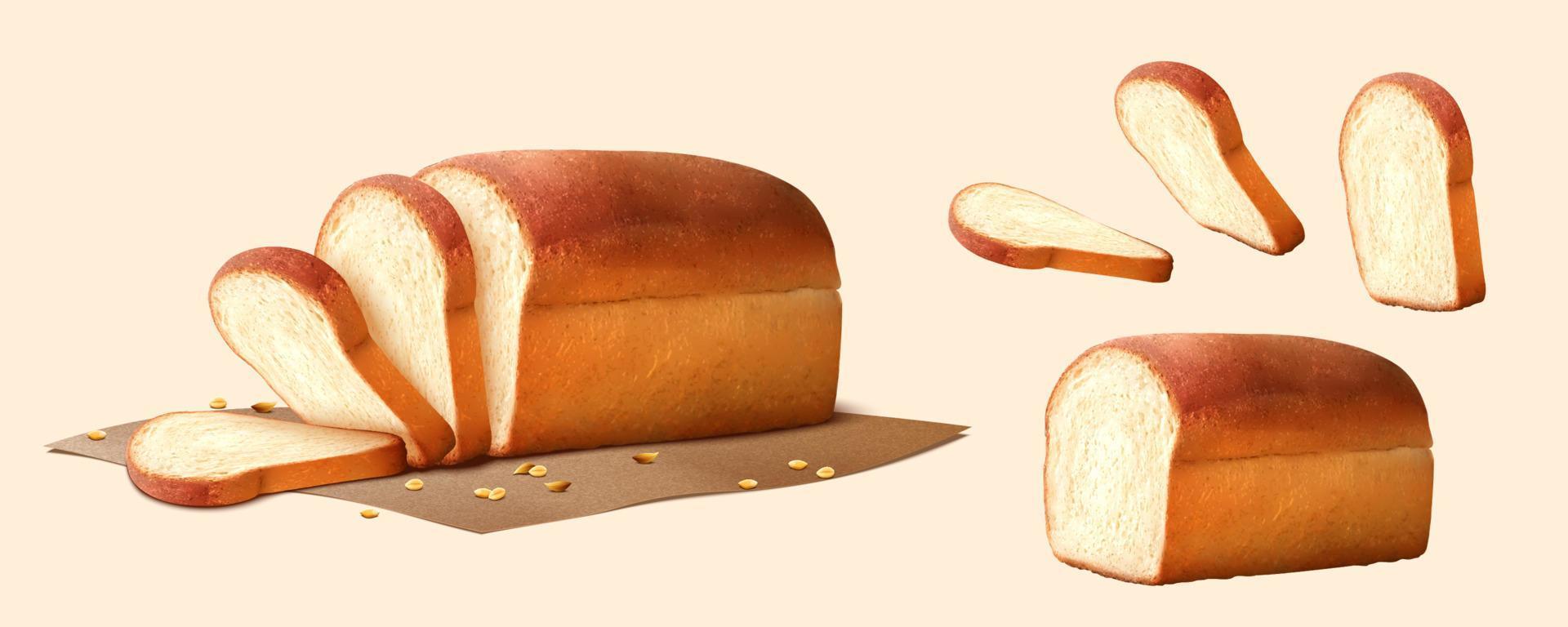 3D Illustration of soft white bread being sliced to piece and left a loaf of bread and decorated with scattered wheat grains vector