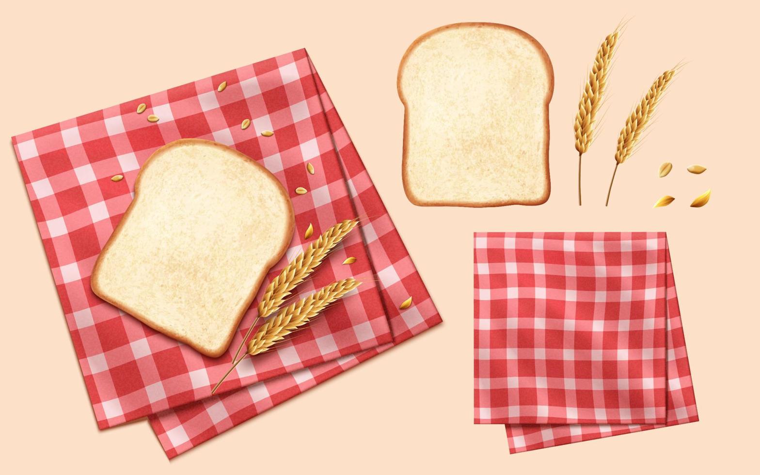 3D Elements of white toast, wheat sheaves, and grains on a red gingham tablecloth vector