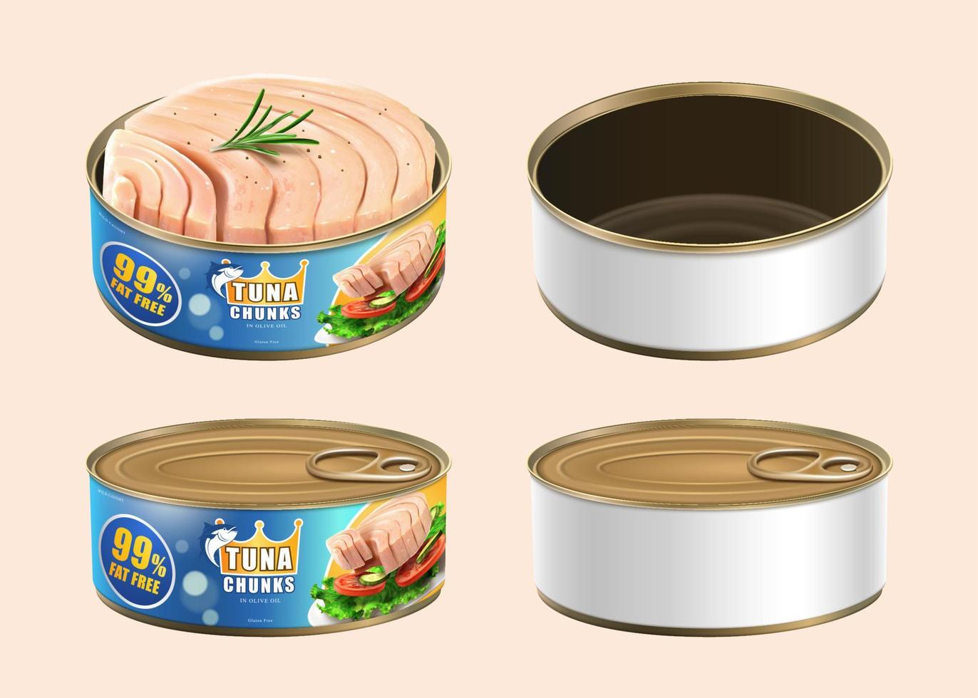 maquetas de latas de atún. Ilustración 3d de dos latas de aluminio diseñadas con etiqueta de atún y las otras dos en blanco vector