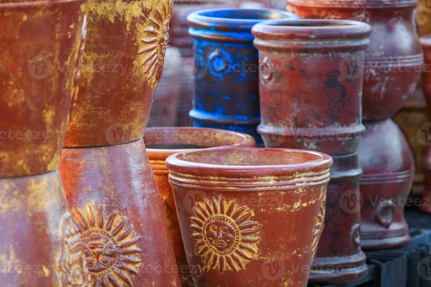 Many large colorful flowering plant pots up for sale 17008376 Stock