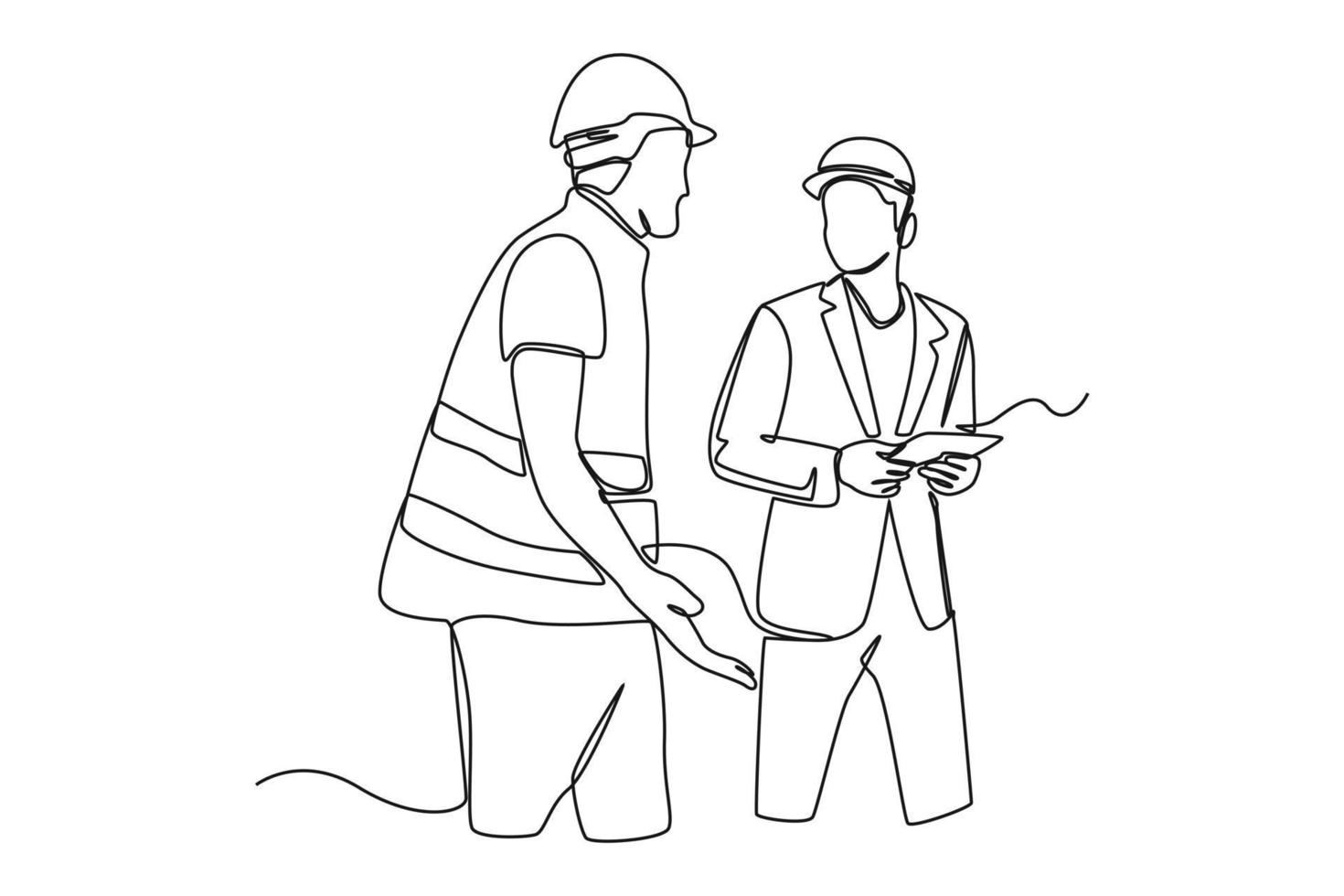 Single one line drawing worker staff discussing and checking stock on tablet. Supply chain management concept. Continuous line draw design graphic vector illustration.