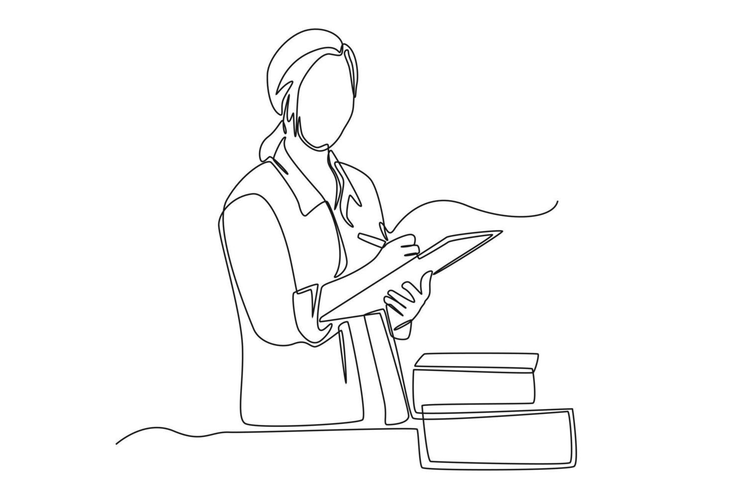 Single one line drawing business woman using tablet check and control for Modern Trade warehouse logistics. Supply chain management concept. Continuous line draw design graphic vector illustration.