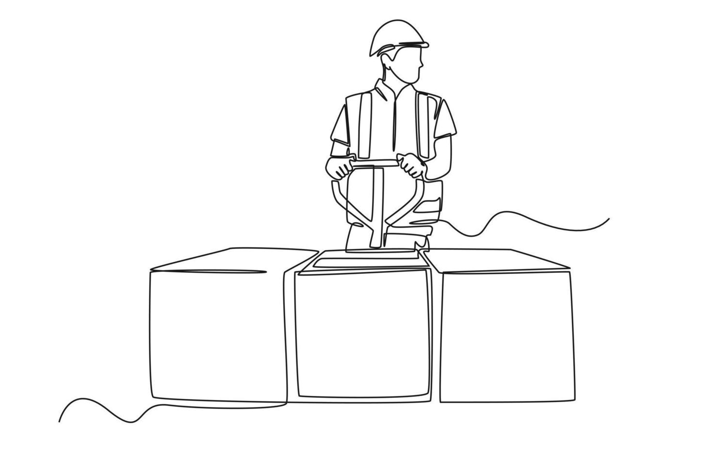 Single one line drawing Factory staff deliver boxes package on a pushing trolley. Supply chain management concept. Continuous line draw design graphic vector illustration.