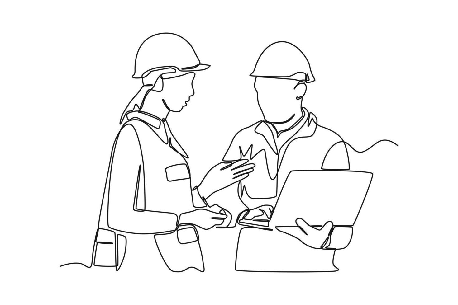 Single one line drawing worker staff discussing and checking shipping order on laptop. Supply chain management concept. Continuous line draw design graphic vector illustration.