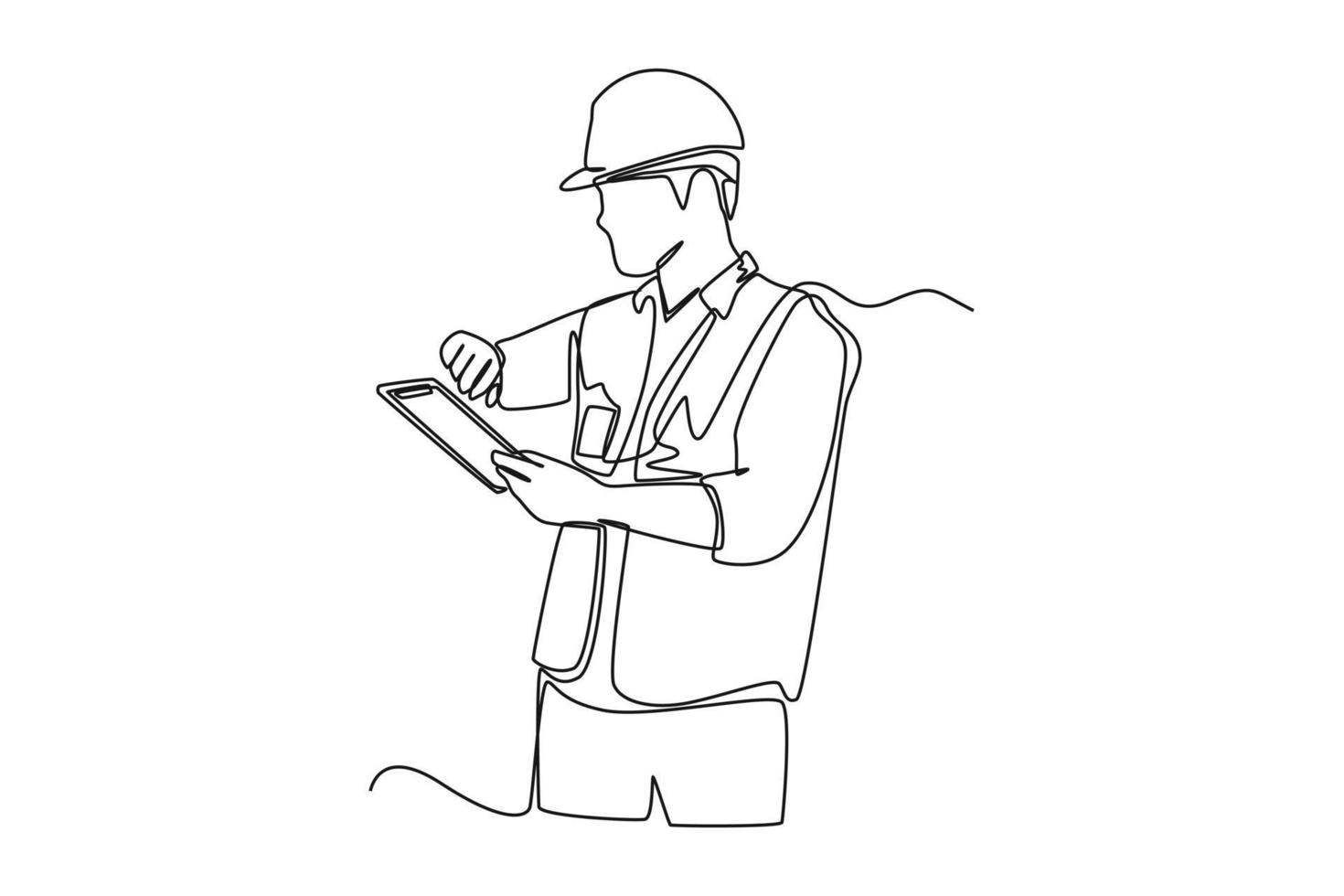 Single one line drawing Foreman check timing and using tablet control. Supply chain management concept. Continuous line draw design graphic vector illustration.
