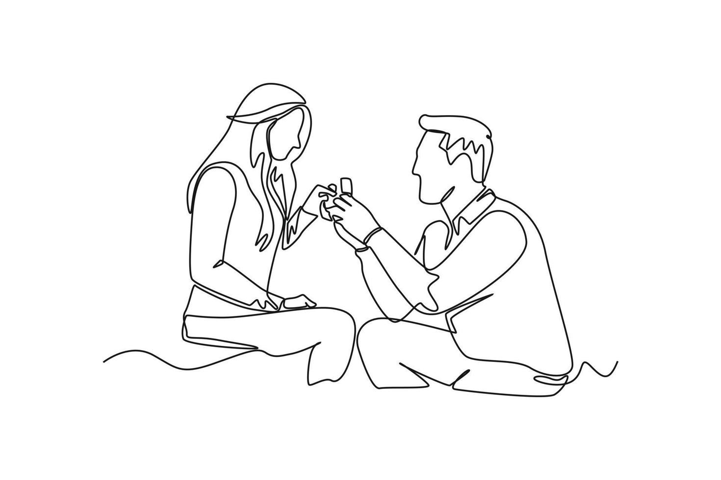 Continuous one line drawing Man makes a proposal while giving an engagement ring in a little box to a woman. Wedding Concept. Single line draw design vector graphic illustration.