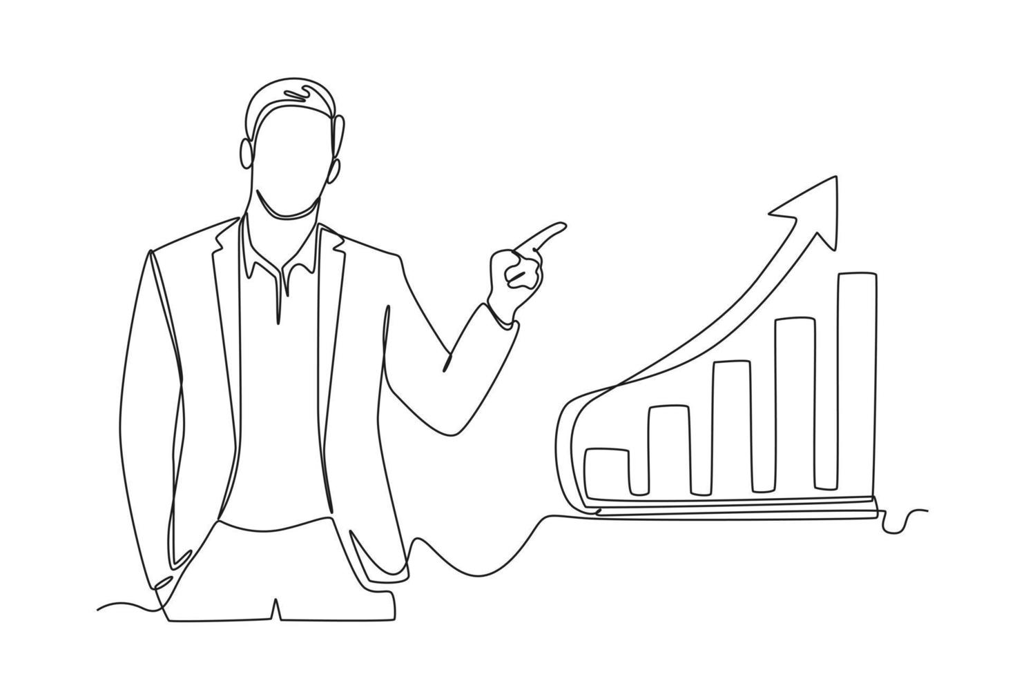 Single one line drawing happy businessman because financial graph is increasing. Economics and Business Concept. Continuous line draw design graphic vector illustration.
