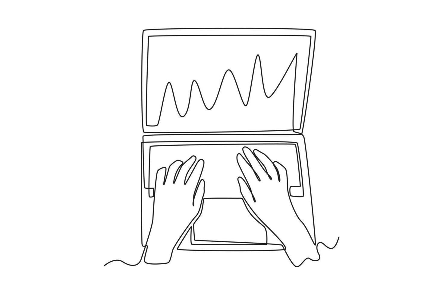 Single one line drawing hands lie on a laptop keyboard with a graphs at screen. Economics and Business Concept. Continuous line draw design graphic vector illustration.