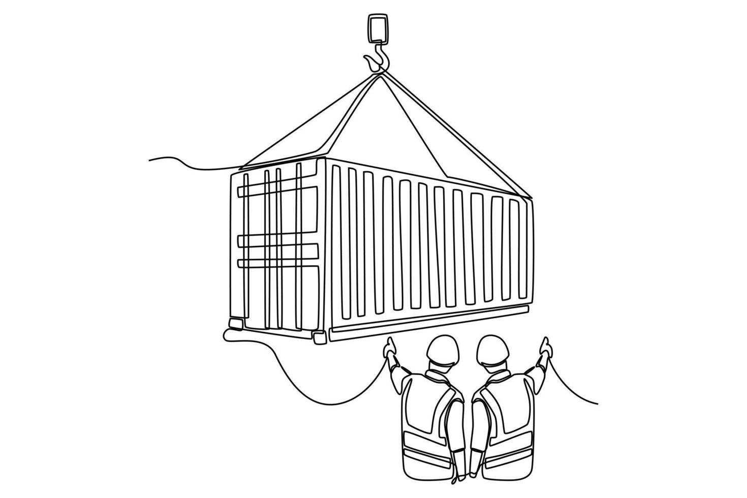 Continuous one line drawing two engineers checking and controlling the loading containers box. Cargo Concept. Single line draw design vector graphic illustration.