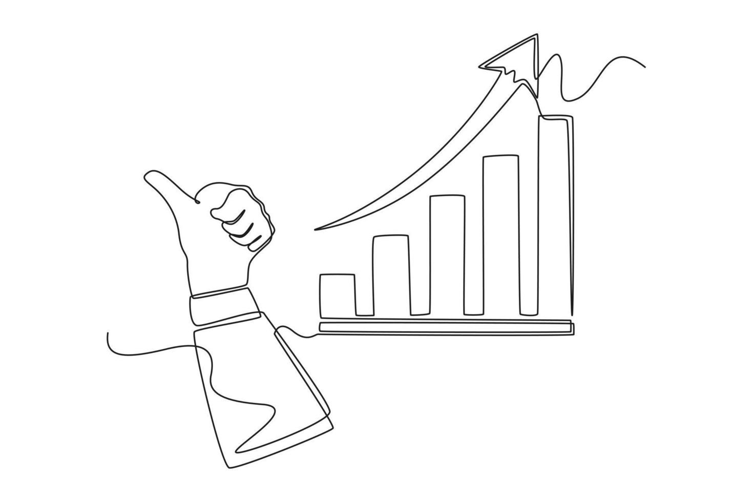 Single one line drawing holding thumbs up with growth chart up . Economics and Business Concept. Continuous line draw design graphic vector illustration.