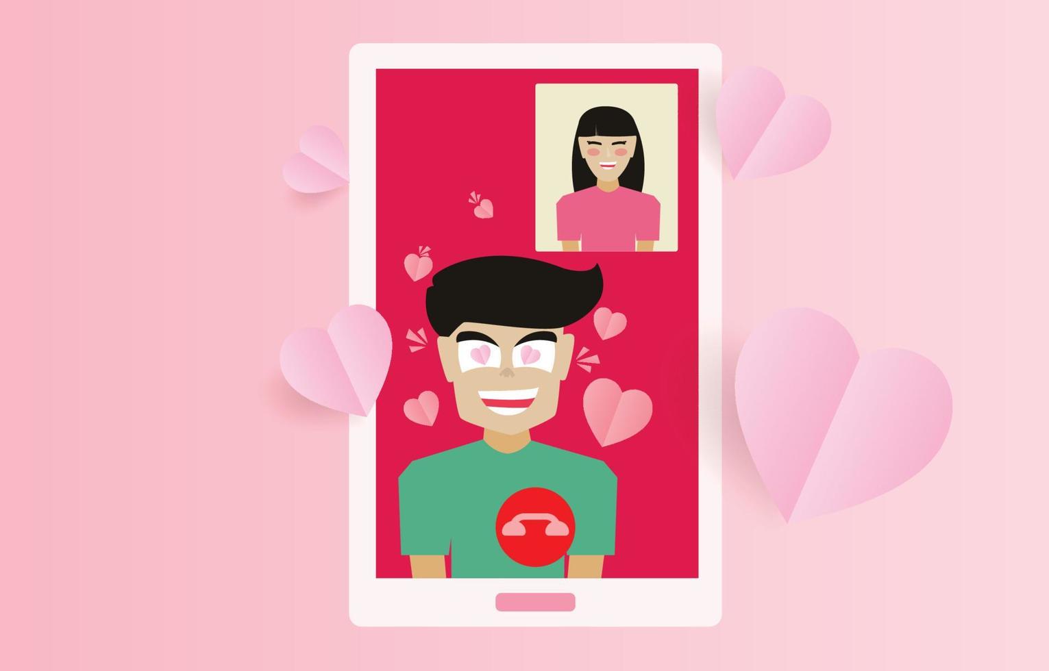 Young man making a video call through a mobile phone frame. Love greeting card concept for Valentine's Day. Couple and social media application communication. Decorated with paper cut hearts. vector