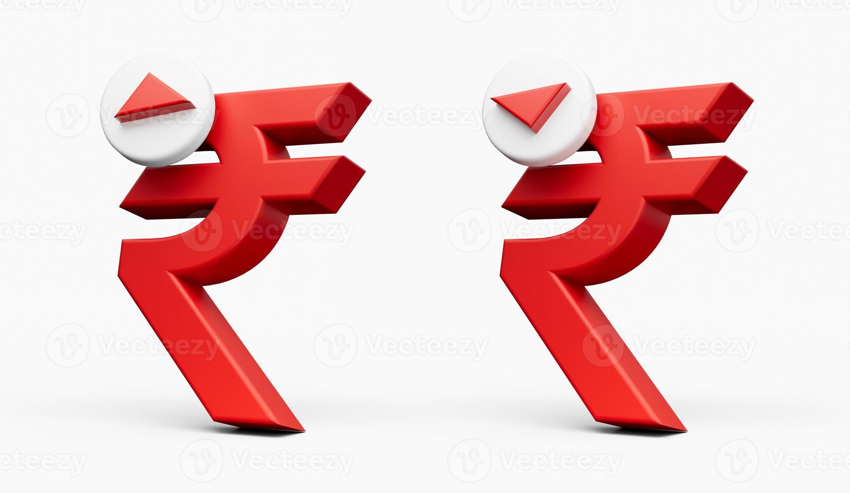 conjunto de icono de aumento y disminución del símbolo de la rupia india. ilustración 3d de dinero aislada en el fondo. foto