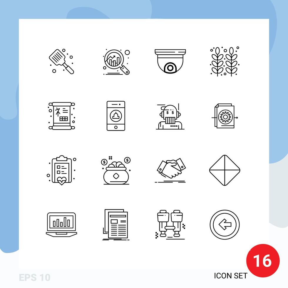 16 User Interface Outline Pack of modern Signs and Symbols of wheat grain cam food surveillance Editable Vector Design Elements