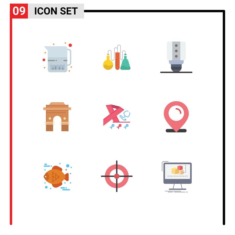 grupo de 9 signos y símbolos de colores planos para la lámpara india del templo india elementos de diseño de vectores editables globales