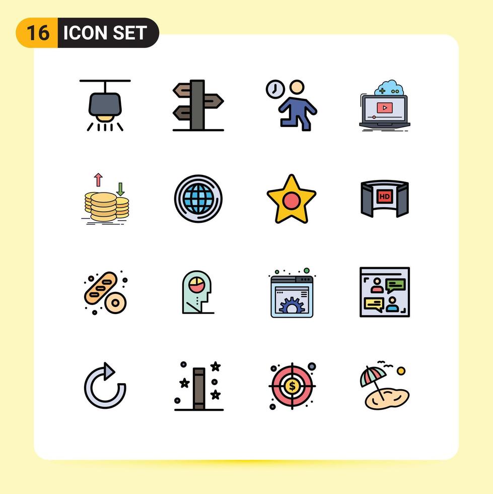 Pack of 16 Modern Flat Color Filled Lines Signs and Symbols for Web Print Media such as video online clock game time Editable Creative Vector Design Elements