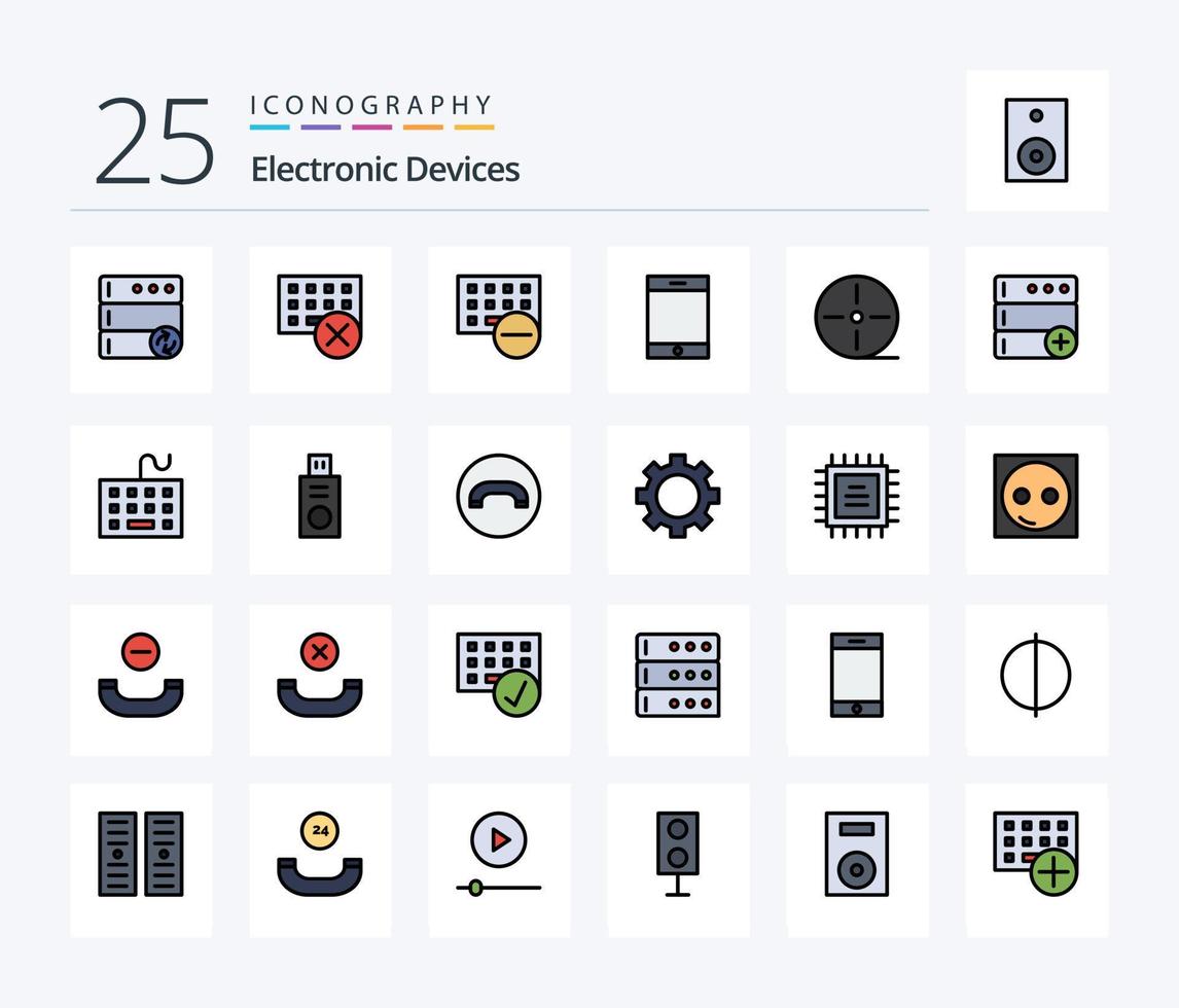 paquete de iconos llenos de 25 líneas de dispositivos que incluye nuevos. base. dispositivo. tecnología. película vector