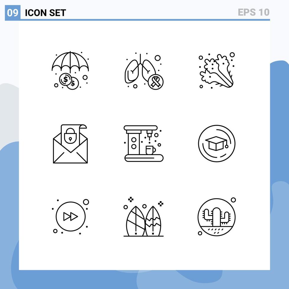 Modern Set of 9 Outlines Pictograph of coffee security diet message mail Editable Vector Design Elements