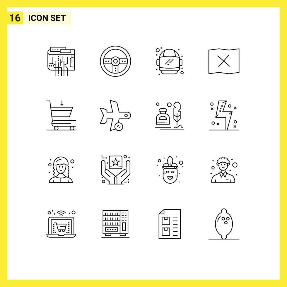 Pack of 16 creative Outlines of shopping cart wheel place location Editable Vector Design Elements