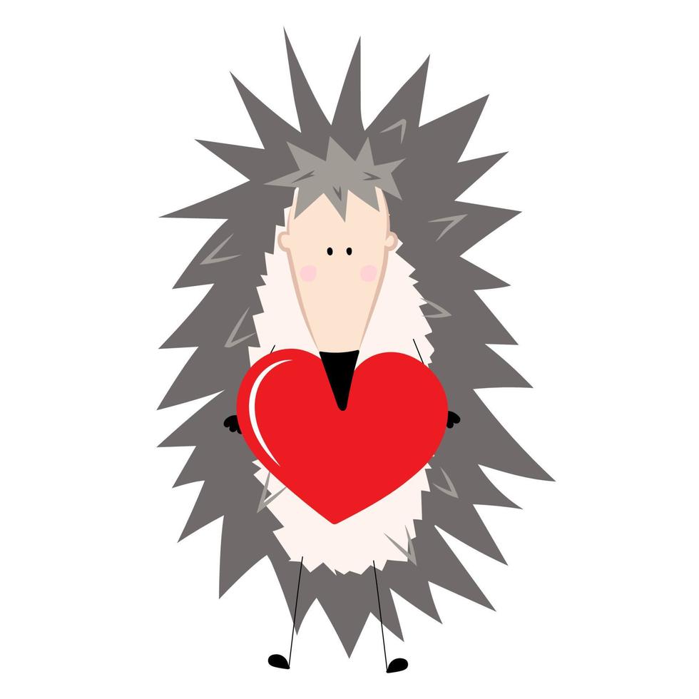 erizo espinoso con corazón rojo en las manos sobre un fondo blanco. personaje para el día de san valentín, boda, cumpleaños. tarjeta vector