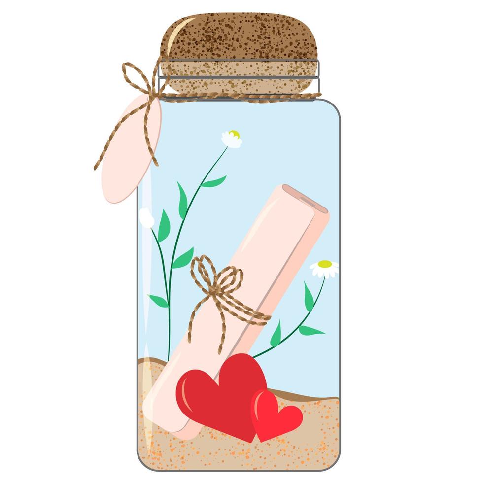 Glass jar with memories - note, hearts, flowers, sand. Collect moments. vector