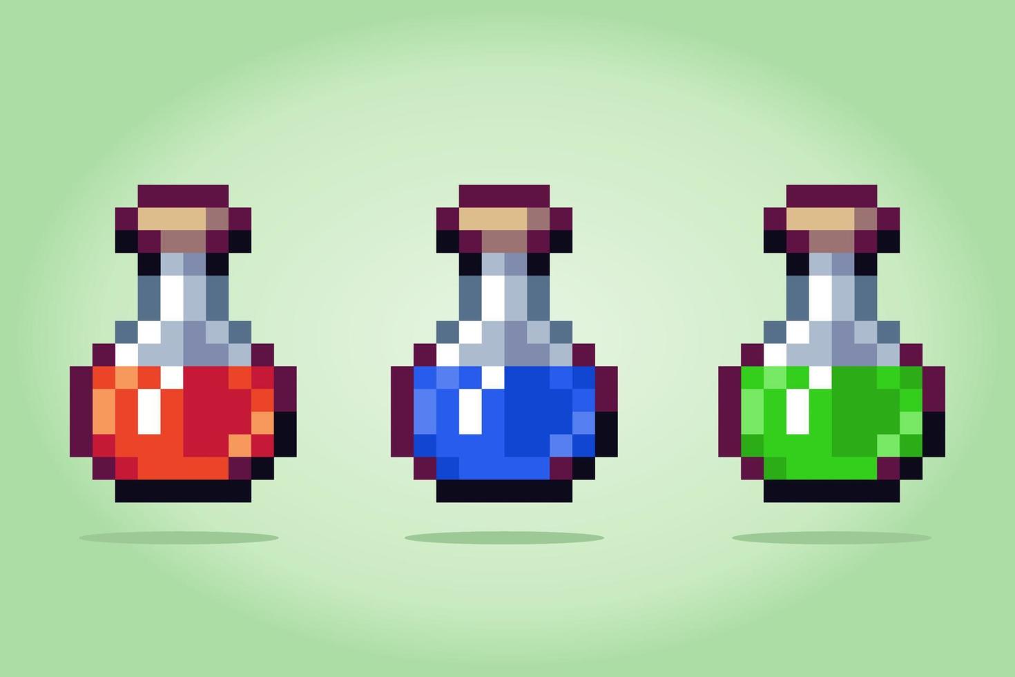 Pociones de píxeles de 8 bits. medicina para activos de juego y patrones de punto de cruz en ilustraciones vectoriales. vector