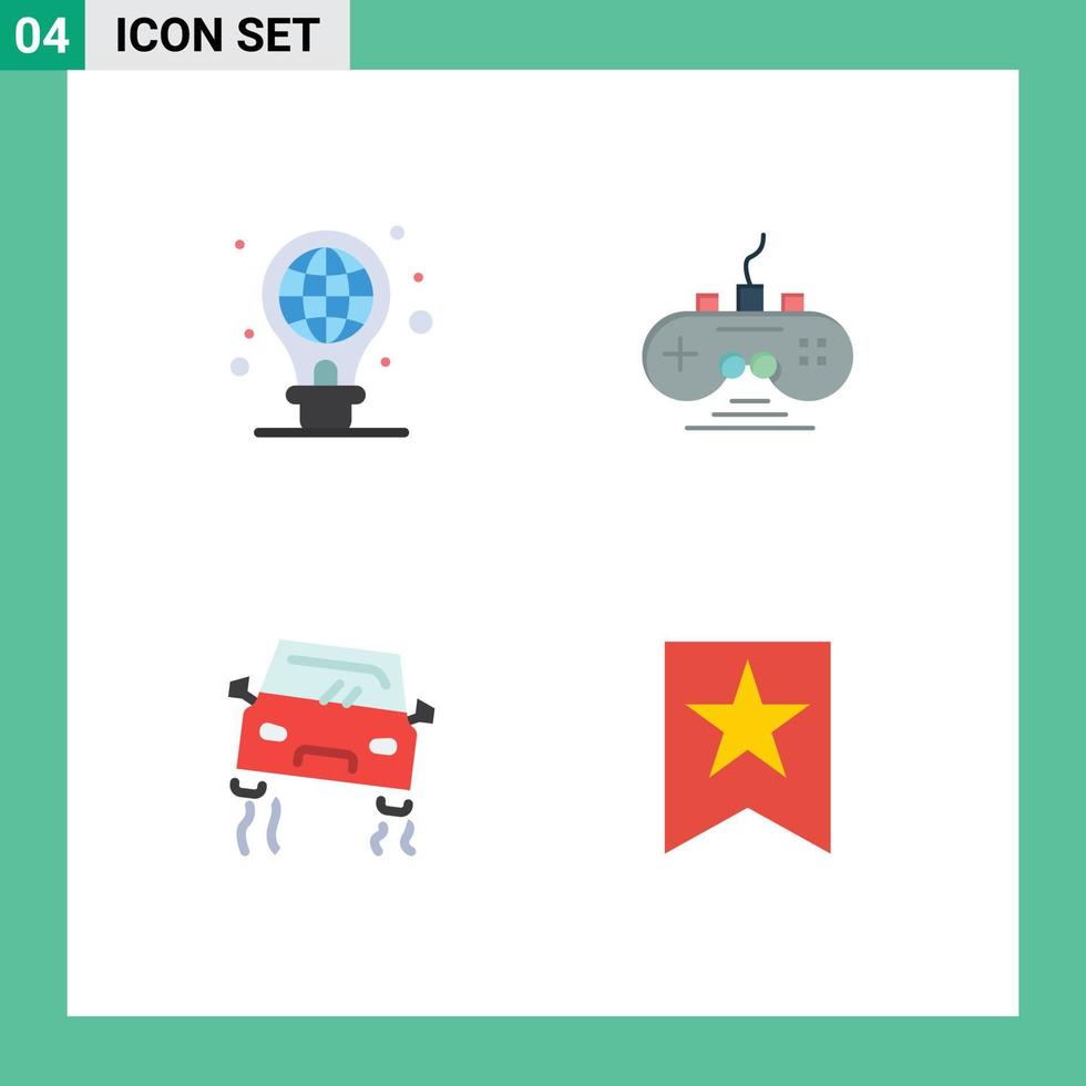 Pictogram Set of 4 Simple Flat Icons of protection car light bulb game controller skidding Editable Vector Design Elements