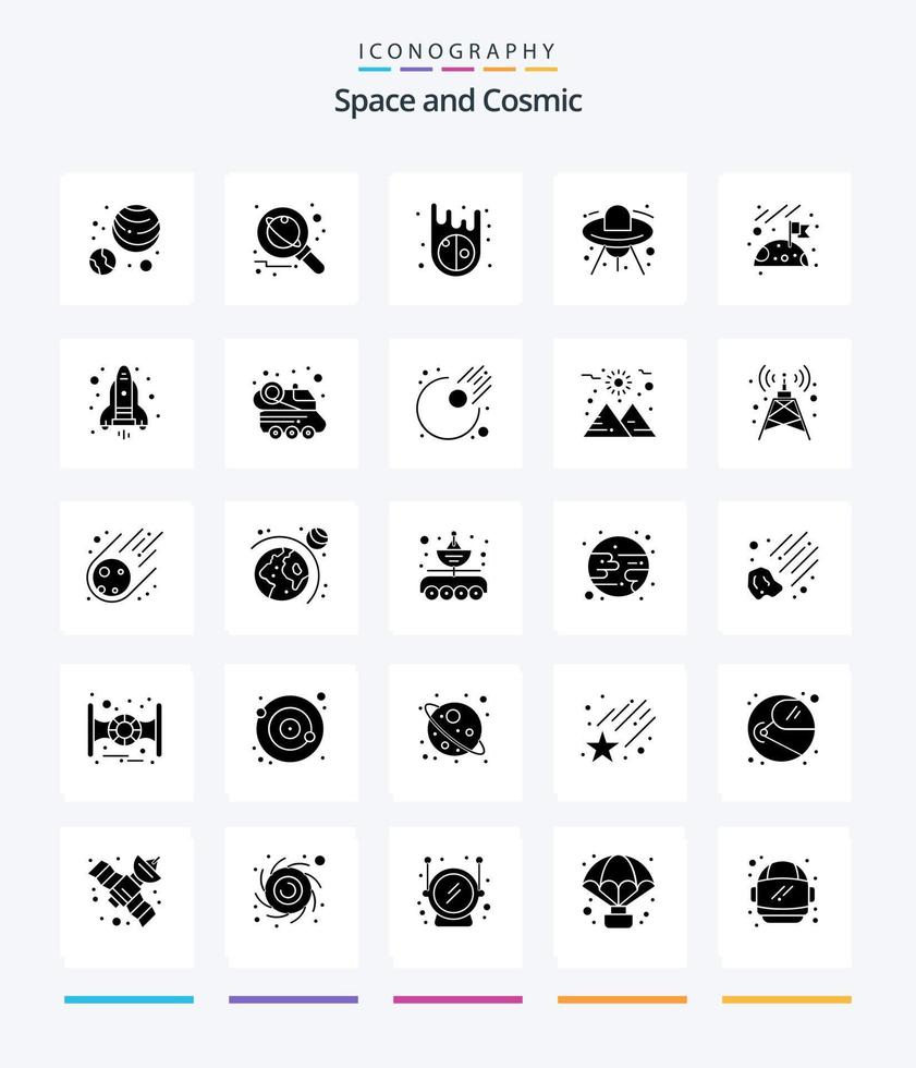 Creative Space 25 Glyph Solid Black icon pack  Such As space. flag. asteroids. ufo. ship vector
