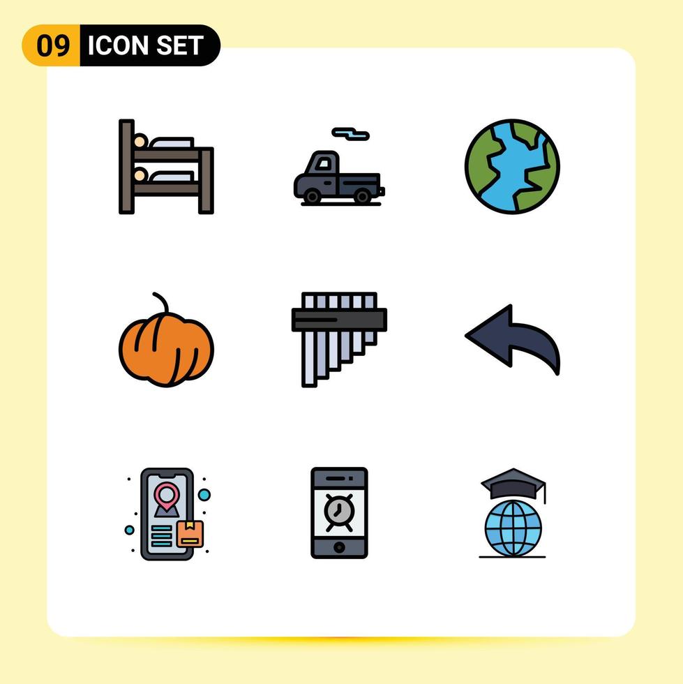 Set of 9 Commercial Filledline Flat Colors pack for alarm undo nature arrow instrument Editable Vector Design Elements