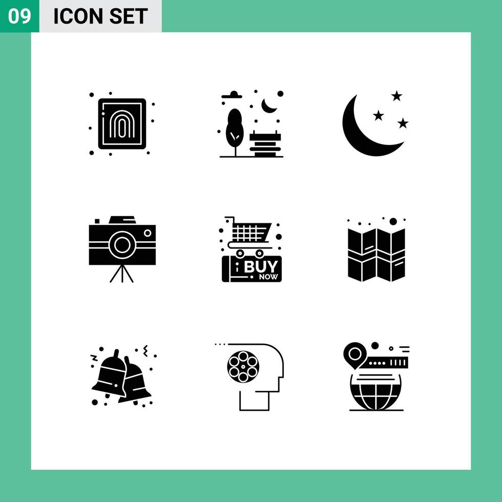 9 Universal Solid Glyphs Set for Web and Mobile Applications commerce black friday half moon professional camera handycam Editable Vector Design Elements