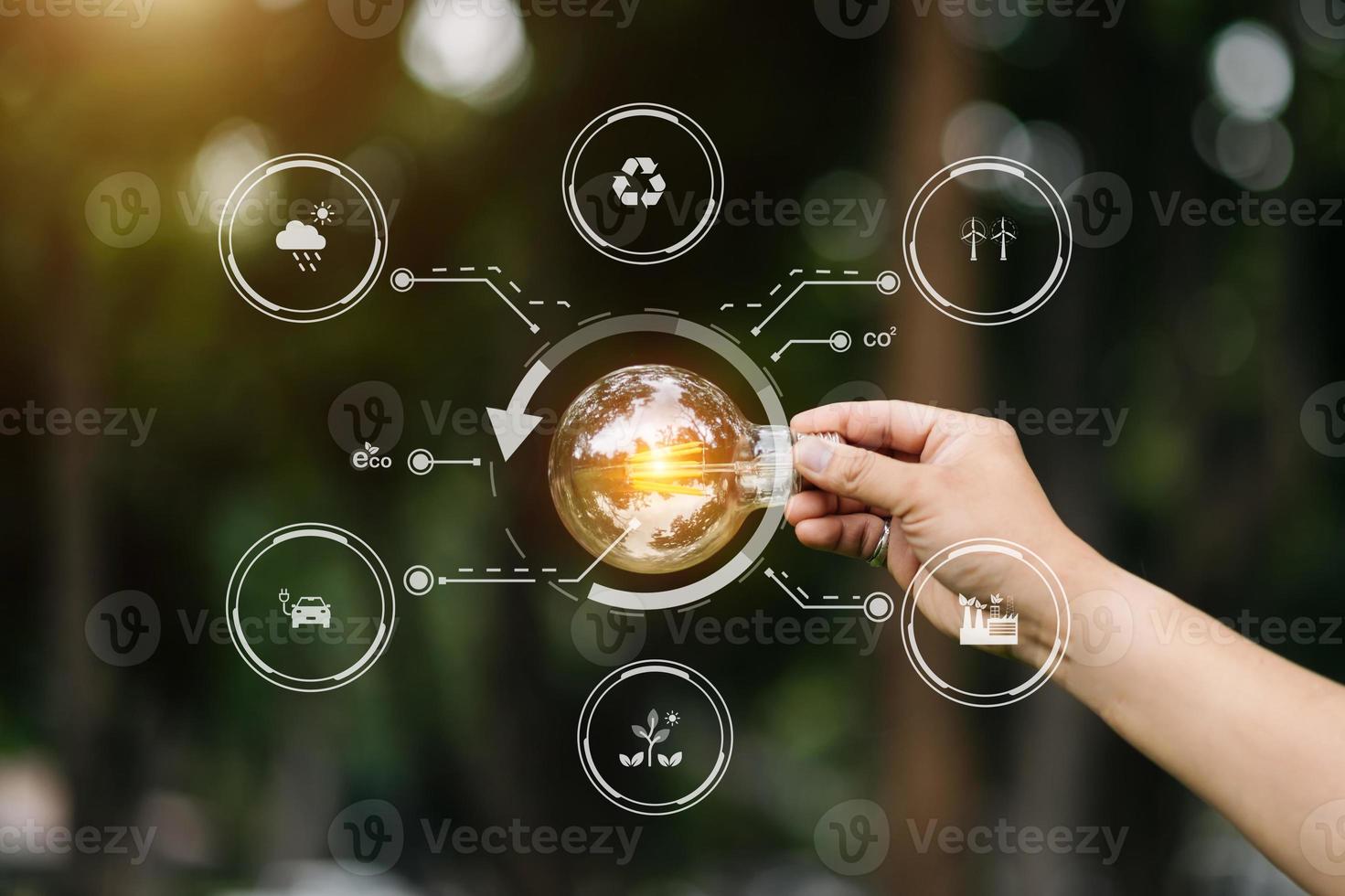 Hand holding light bulb on grass with solar energy and green background. power eco concept photo