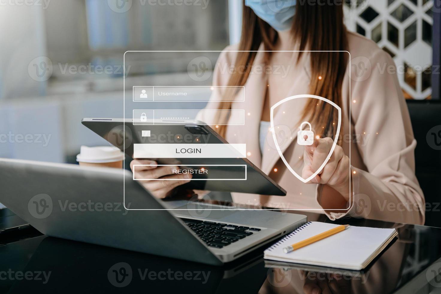 Cyber security concept, Login, User, identification information security and encryption, secure access to user's personal information woman using smart phone and tablet photo