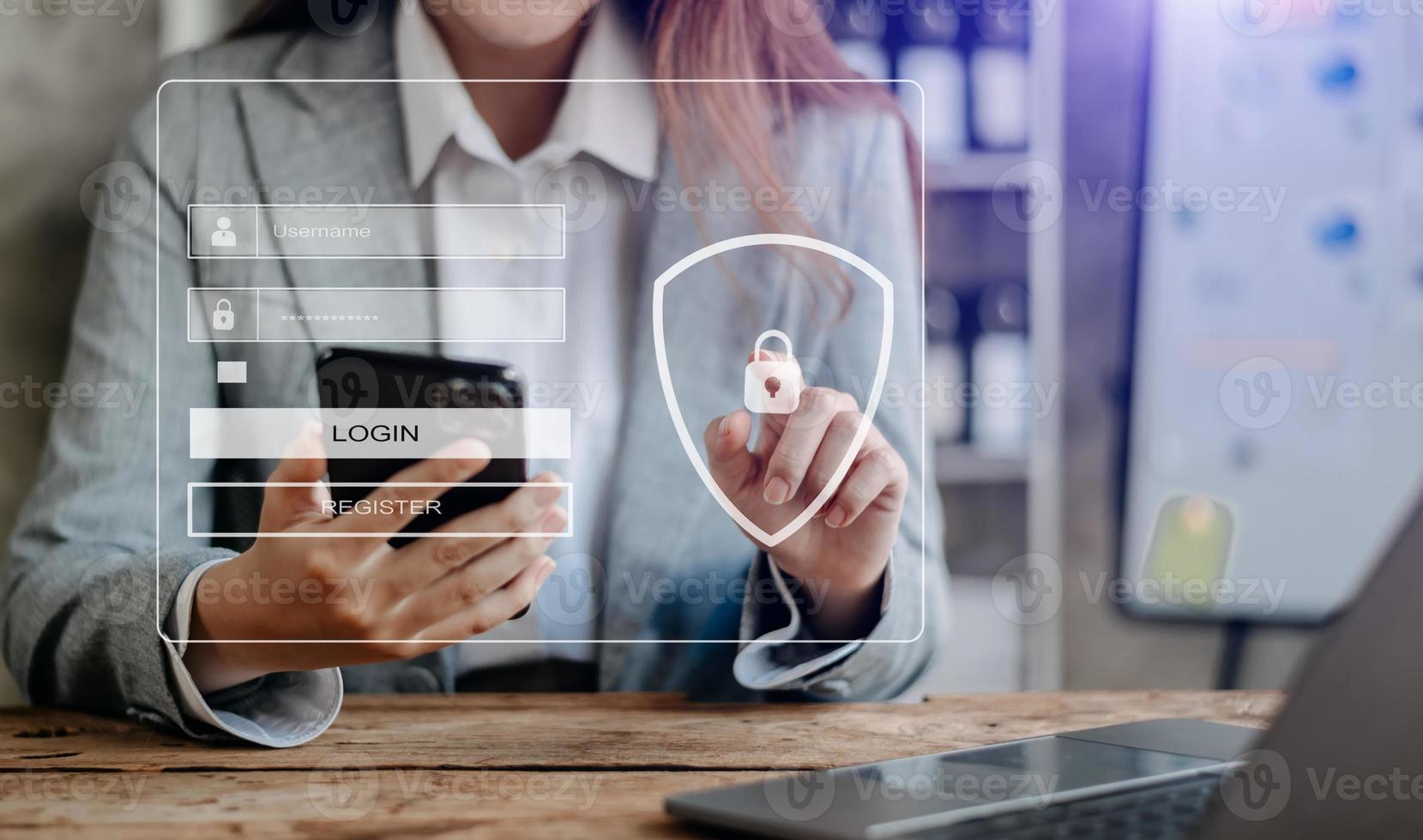 Cyber security concept, Login, User, identification information security and encryption, secure access to user's personal information woman using smart phone and tablet photo
