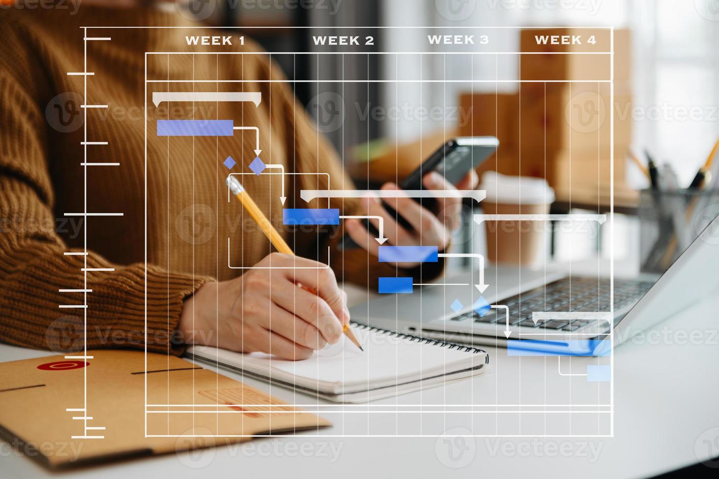 Woman hand using a laptop, smartphone and tablet and writing notebook at the office of her business online shopping. photo