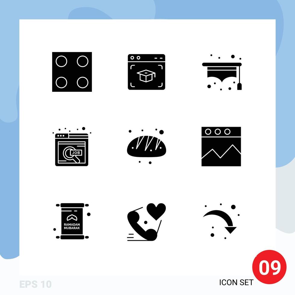 User Interface Pack of 9 Basic Solid Glyphs of food baking school bakery search Editable Vector Design Elements