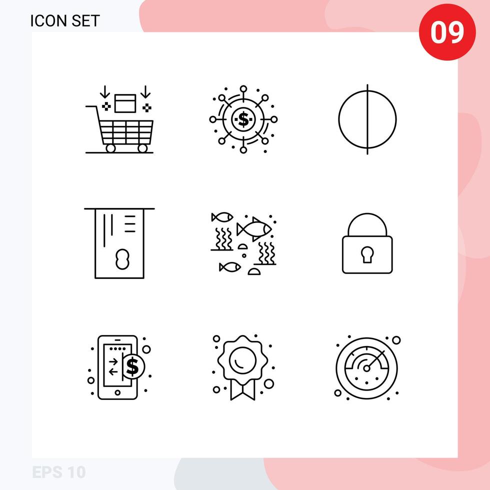 Pictogram Set of 9 Simple Outlines of fishing money donation credit card quality Editable Vector Design Elements