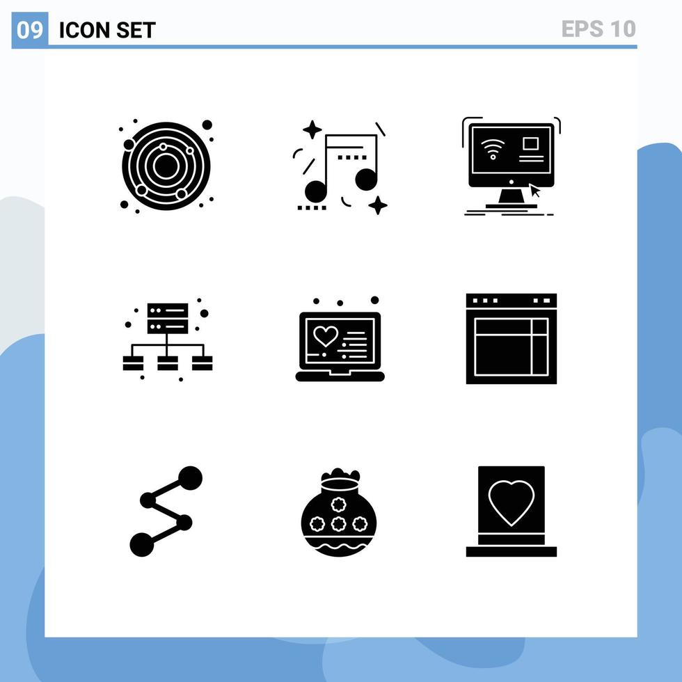 Universal Icon Symbols Group of 9 Modern Solid Glyphs of online laptop computer server business Editable Vector Design Elements